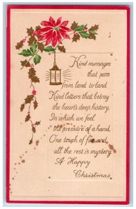 Christmas Postcard Kind Message Poinsettia Flowers Holly Berries Embossed c1910s