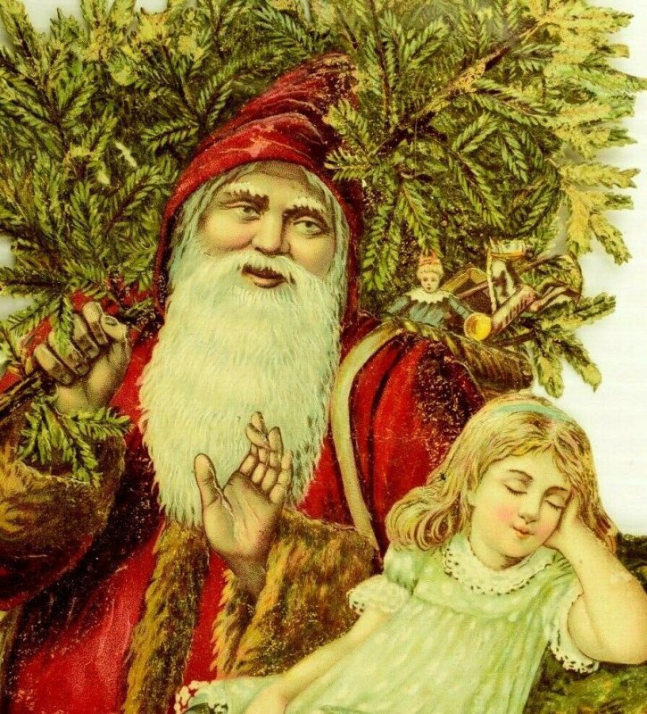 1870's 9 Die Cut Fab Santa Claus Christmas Tree Girl Victorian Decoration &&