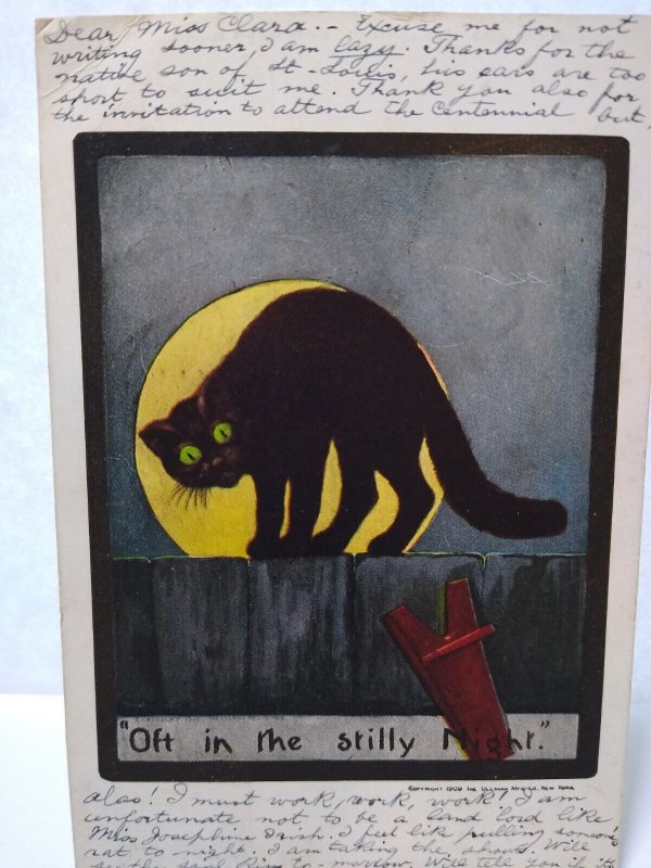 Halloween Postcard Black Cat On Fence Full Moon Ullman Series 138 Memphis 1909