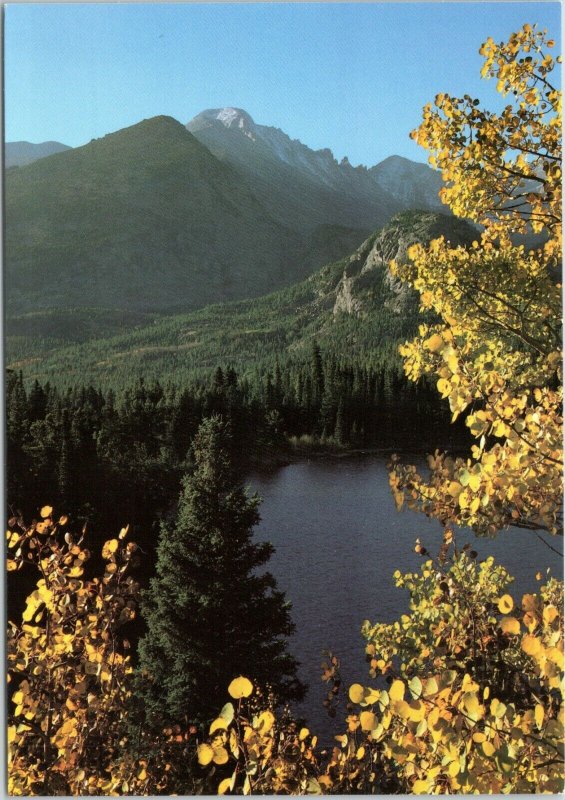 postcard CO Rocky Mountain National Park ALongs Peak above Bear Lake