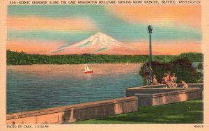 Vintage Postcard Grandeur Along Lake Washington Showing Mt. Rainier Seattle WA