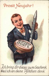 Adv? Man w/ Giant Soap & Nail File Fantasy NEW YEAR German Postcard