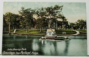Maine Lake Deering Park Greetings From Portland Maine 1908 Postcard I5