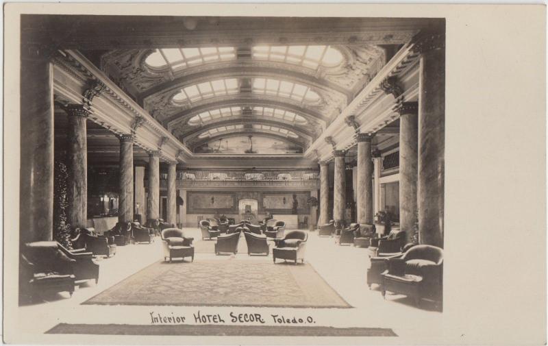 Ohio Real Photo RPPC Postcard c1910 TOLEDO Hotel SECOR Inteior LOBBY 