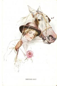 C. Barber. Lady with her horse. Driving out Old vintage, artist signed postca