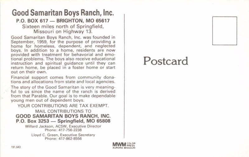 BRIGHTON MISSOURI GOOD SAMARITAN BOYS RANCH POSTCARD