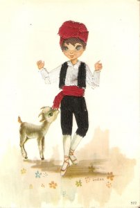 Children. Boy with his lamb Nice vintage Spanish, embossed PC, artist signed