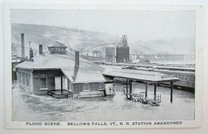 BELLOW FALLS VT FLOOD SCENE RAILROAD STATION railway train ANTIQUE POSTCARD