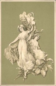 Beautiful Women Art Nouveau Giant Flowers Ethereal Embossed  c1910 Postcard