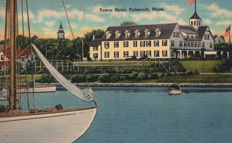 Vintage Postcard Tower Hotel Boat Dock Falmouth Massachusetts MA Tichnor Pub.