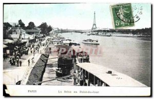 Old Postcard Paris Seine at Point Du day Eiffel Tower Barges