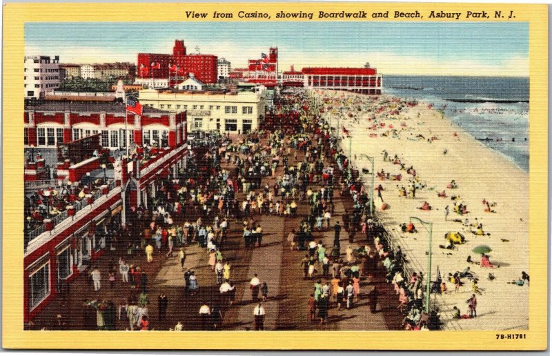 Postcard NJ Asbury Park View from Casino showing Boardwalk and Beach 1947