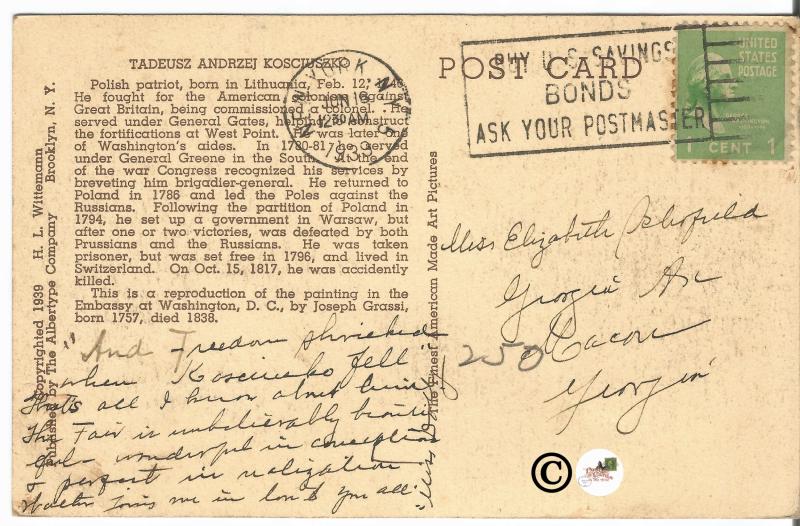 Tadeusz Andrzej Kosciuszko Polish Patriot Vintage Postcard 1939 H.L. Wittemann