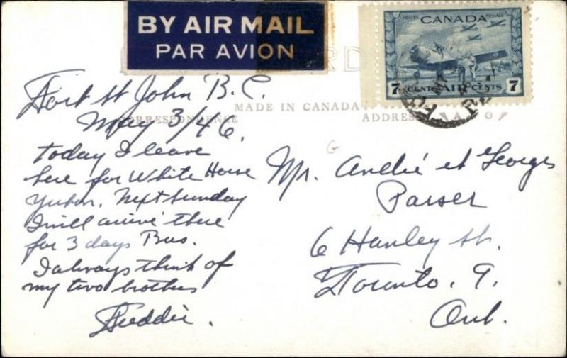 Fort St. John BC British Columbia Alaska HWY Real Photo Postcard AIRMAIL COVER