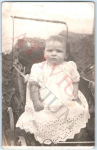 c1910s Cute Healthy Baby Girl or Boy in Stroller RPPC Real Photo Postcard A158