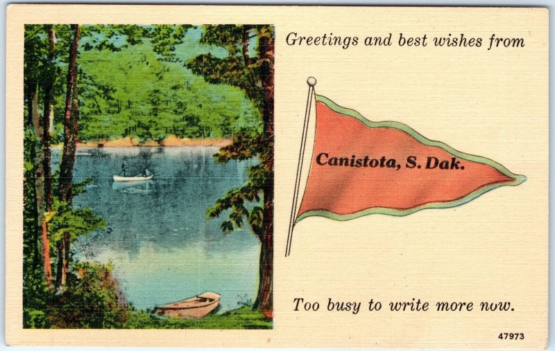 c1930s Canistota, S. Dak. Greetings Best Wishes Linen Postcard Busy Pennant A69