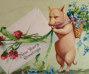 New Year Postcard Humanized Pig Standing With Letter And Basket Germany EAS