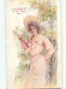 Pre-Linen Slight Risque Interest PRETTY GIRL IN SHADE OF OLD APPLE TREE AB7700