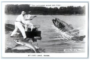 Fife Lake Saskatchewan Canada RPPC Photo Postcard Catching Giant Fishes c1920's