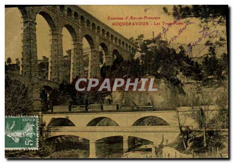 Old Postcard Environs of Aix en Provence Roquefavour Three Bridges Railway steam