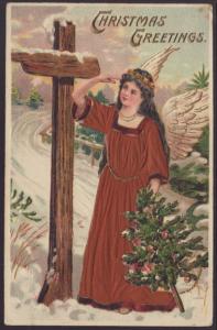 Christmas Greetings,Angel,Tree Postcard