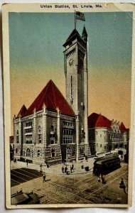 1910 ST. LOUIS, Missouri Postcard UNION DEPOT Railroad Train Depot Street K10