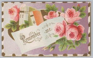 Greetings~Remember Me~Pink Roses & Books~Gold Border~Embossed~Vintage Postcard
