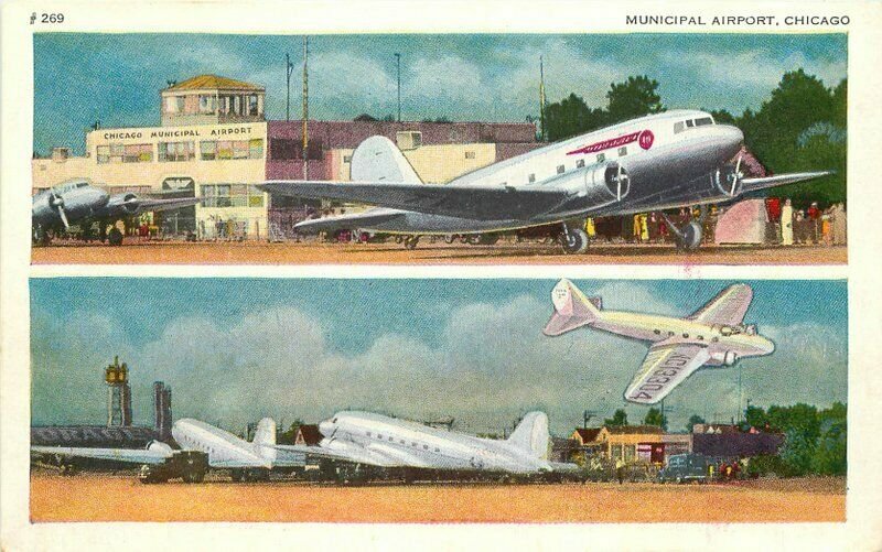 Airplanes Chicago Illinois #269 1940s Municipal Airport Postcard 20-8140