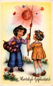 Two Cute Kids With Flowers And A Lantern Vintage Postcard 09.88