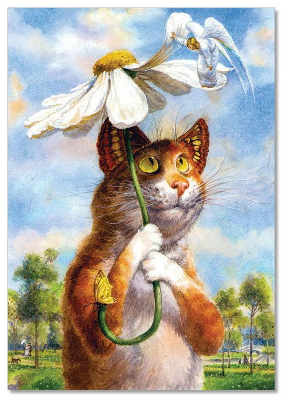 CAT under chamomile Angel Fantasy ART Russian Modern Postcard