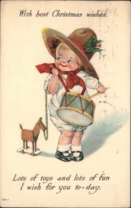 Christmas Little Boy with Pull Toy Horse and Drum c1910 Vintage Postcard