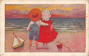 Summer Boy and a girl at the beach Sun Bonnet Unused 