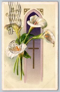 Best Easter Wishes, White Lily Flower, Cross, 1909 Embossed Winsch Back Postcard