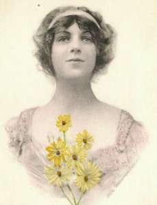 c1910 Woman in Pink w/ Flowers G&B Antique Handcolored Postcard