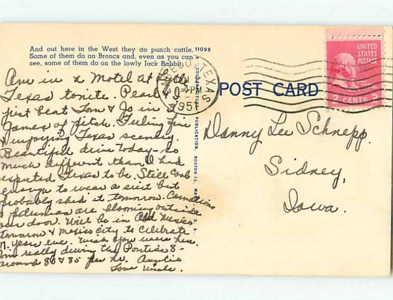 Linen EXAGGERATION - COWBOY ON HUGE BUNNY RABBIT Postmarked Laredo TX v4147