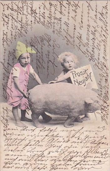 New Year Prosit Neujahr Young Children with Pig 1911