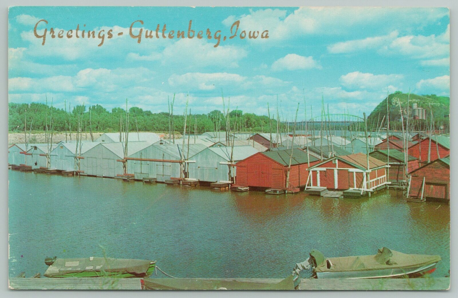 Guttenberg IowaMississippi River Floating Boat Booms1960s Postcard
