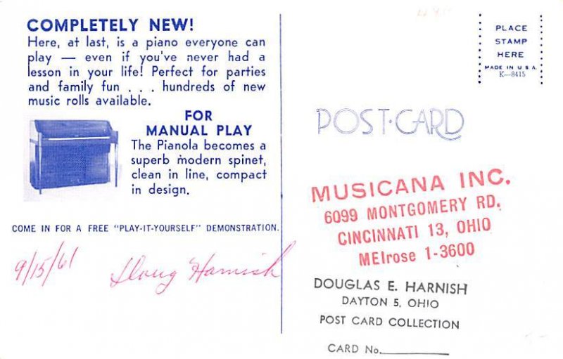 Pianola Advertising card Piano Writing on back 