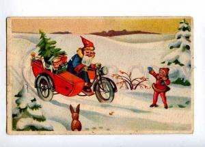 126763 Blue-Robed SANTA CLAUS GNOME on Motorcycle BIKE Vintage