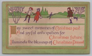 Christmas~Art Deco~Children Ice Skating~Vintage Postcard