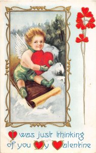 J58/ Valentine's Day Love Holiday Postcard c1910 Sled Riding Cupid 141