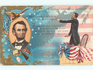 Bent 1909 patriotic ABRAHAM LINCOLN CENTENNIAL SOUVENIR POSTCARD k8332