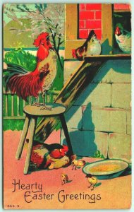 Hearty Easter Greetings Crowing Rooster Hen House Chicks 1909 DB Postcard F8