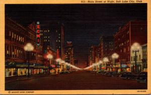 Utah Salt Lake City Main Street At Night 1954 Curteich