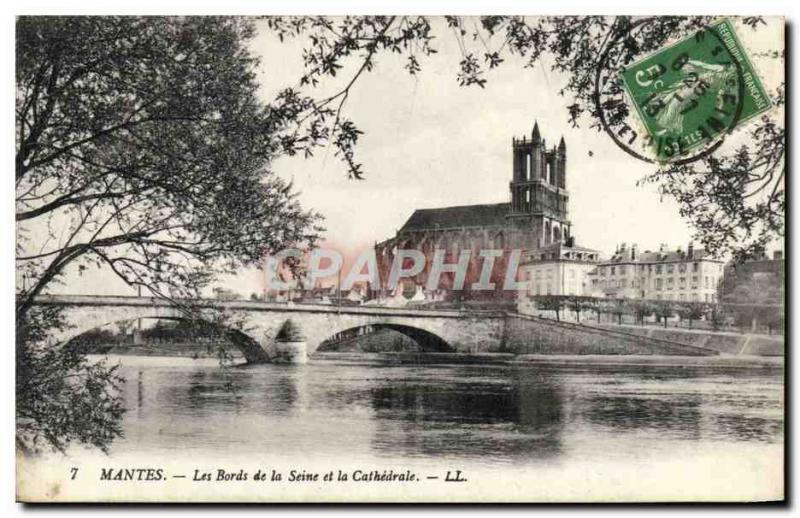 Old Postcard Mantes The Banks Of The Seine And The Cathedral