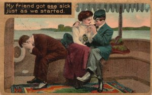 Vintage Postcard My Friend Got See Sick Just As We Started Love Triangle Comic
