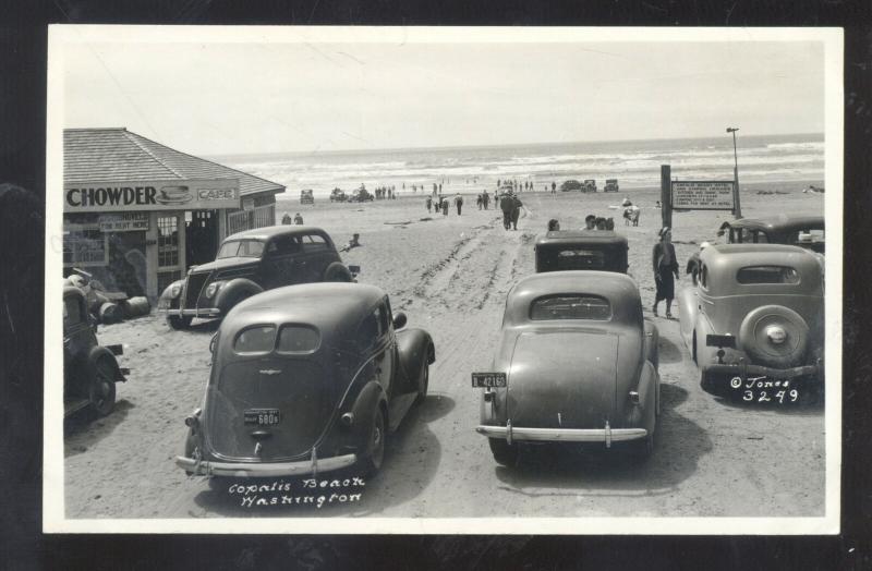 RPPC COPALIS BEACH WASHINGTON 1930's CARS SWIMMING REAL PHOTO POSTCARD