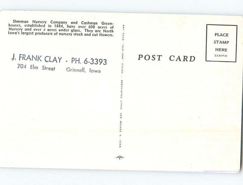 Pre-1980 Postcard Ad CASHMAN GREENHOUSES Charles City Iowa IA hn5408