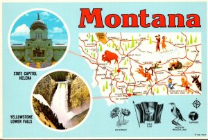 Montana Map With State Capitol Building and Yellowstone Lower Falls