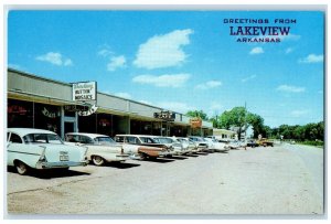 c1960's Greetings From Lake View Arkansas AR, Button Mosaics Cafe Cars Postcard